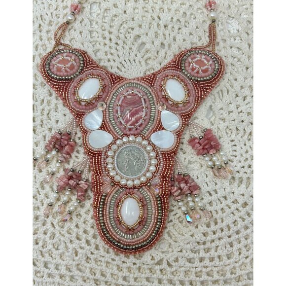 Handmade Bohemian Beaded Statement Necklace‎ With Pink & White Beads - Picture 6 of 6